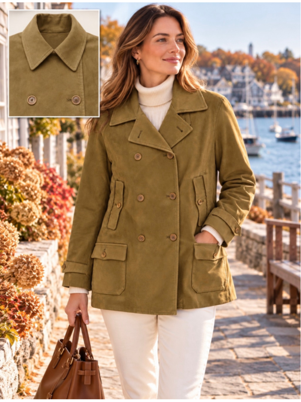 Vtg Lauren Ralph Lauren Women's Olive Brown Brushed Moleskin Cotton Peacoat S
